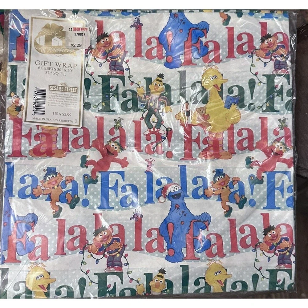 NOS 2000 Sesame Street Big Bird  Christmas Wrapping Paper 6 Sheets 30x30 Sealed